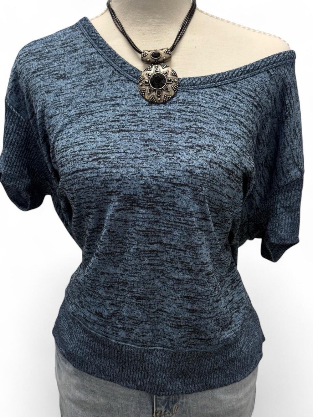 rag & bone Heathered Blue Off-the-Shoulder Short Sleeve Sweater